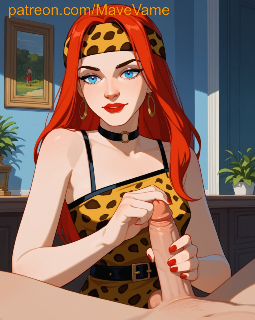 ai_generated blue_eyes checker cock dress earrings lipstick marvel marvel_comics mary_jane_watson nail_polish red_hair smile spider-man_(series) stroking_cock stroking_head stroking_penis touching_penis