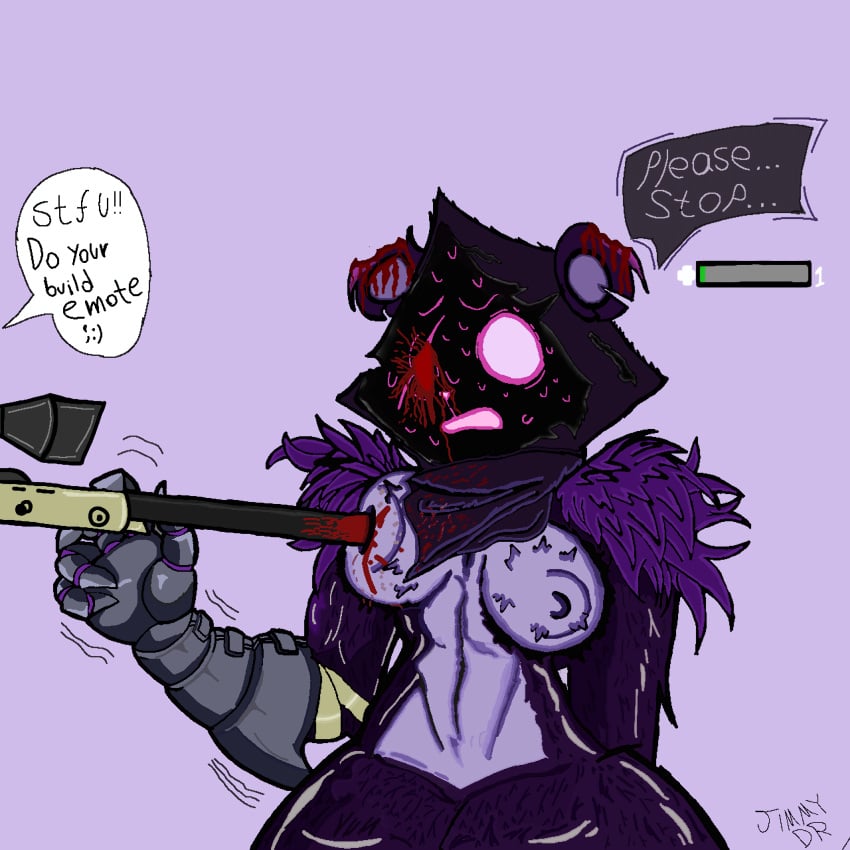 armored_gloves bear big_breasts blood breasts build_emote damaged_eye female fortnite fortnite:_battle_royale furry furry_female gore health_bar pink_background purple_body purple_fur raven_team_leader scared sniper_rifle worried_expression