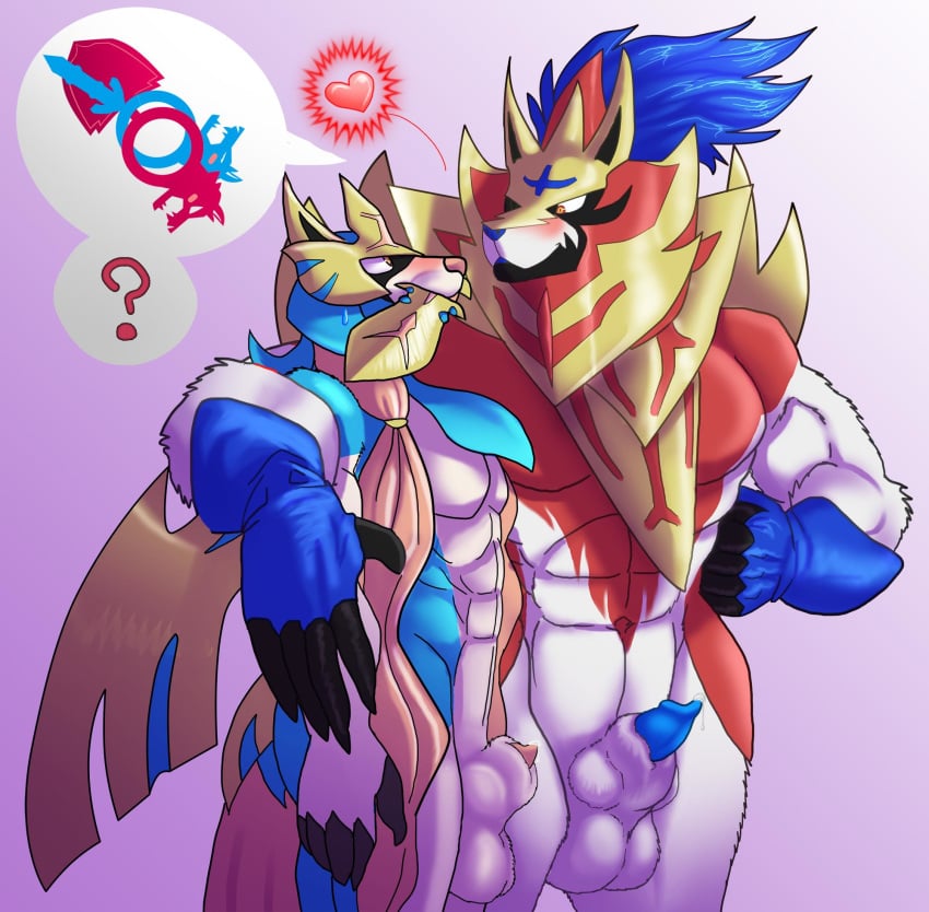 2019 2boys abs animal_genitalia animal_penis anthro anthrofied canid canine canine_penis duo front_view furry gender_symbol heart knot knot_in_sheath legendary_pokémon male male_only mammal muscular muscular_male navel nintendo nude pecs penis penis_tip pictographics pokémon_(species) pokemon pokemon_ss pokemorph sexuality_symbol sheath simple_background speech_bubble spoken_heart standing suggestive symbol testicles text video_games windblast zacian zamazenta ♂ ⚣