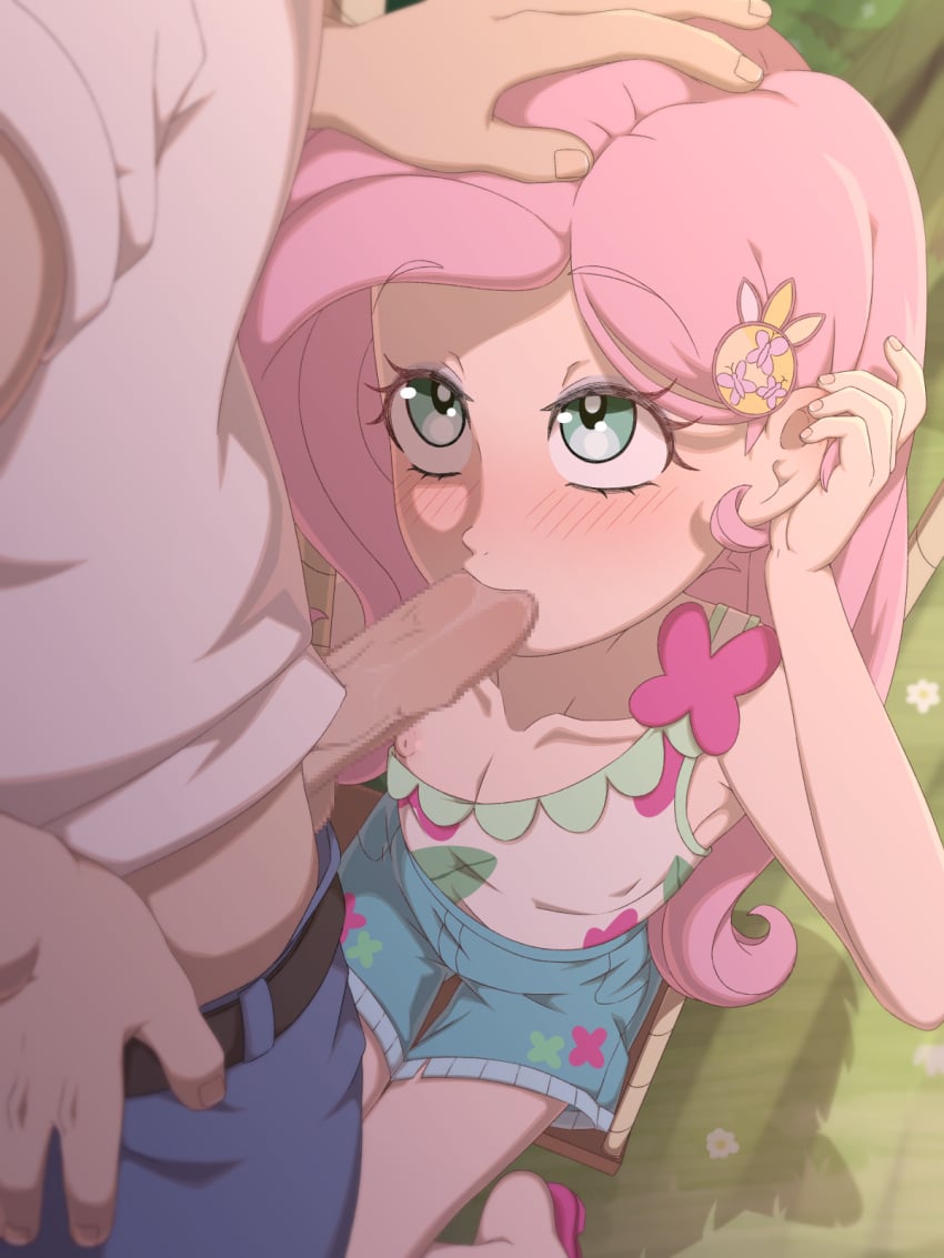 1boy 1girls blowjob blush equestria_girls faceless_male female fluttershy_(mlp) friendship_is_magic green_eyes long_hair looking_at_another looking_up my_little_pony nipple_slip nipples outdoors outside partial_male penis_in_mouth pink_hair rockset shorts small_breasts tank_top