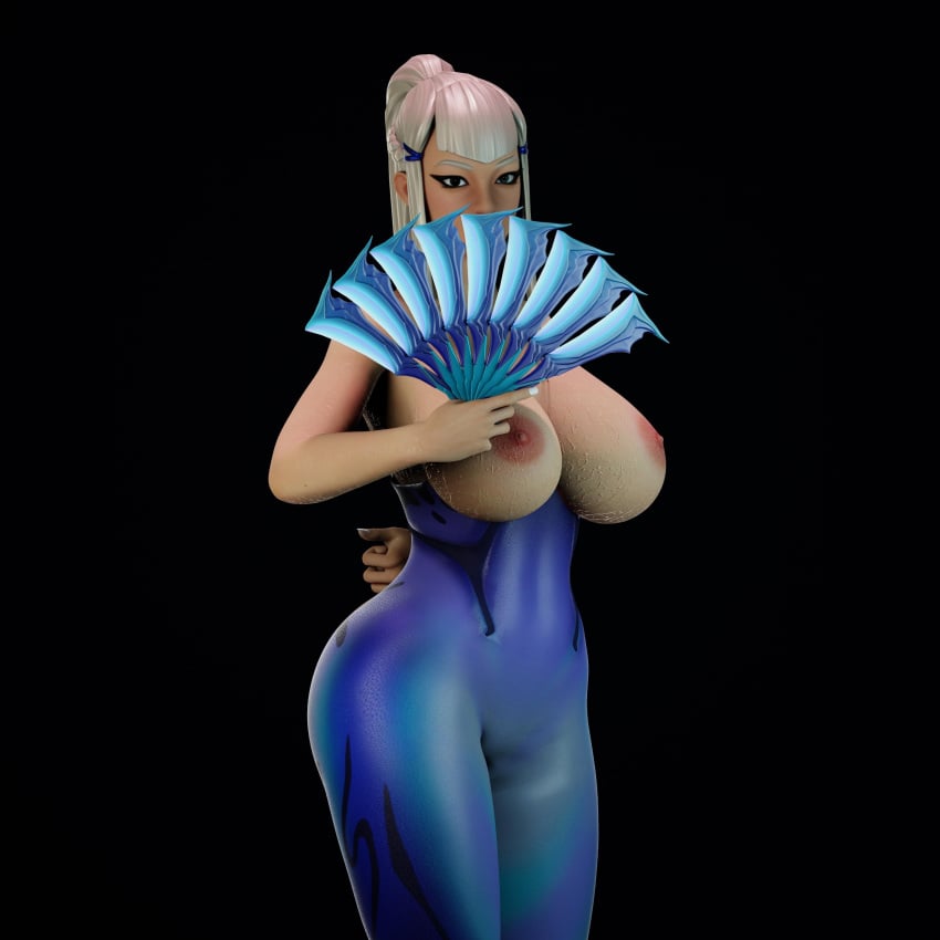 1girls 3d 3d_render big_breasts big_thighs blue_legwear exposed_breasts fortnite fortnite:_battle_royale hand_behind_back hand_fan looking_at_viewer mizuki_(fortnite) wet_skin white_hair