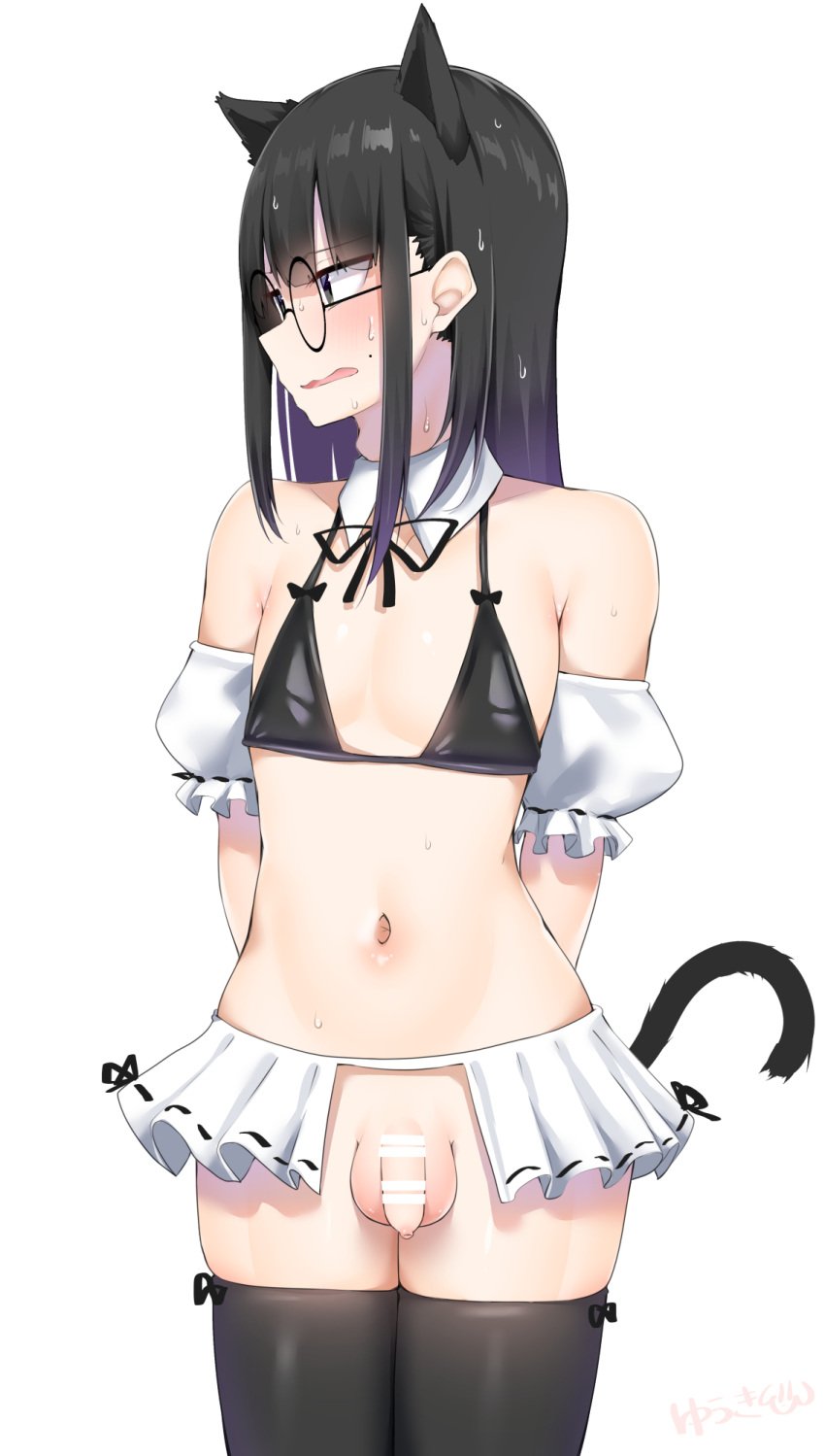 1boy animal_ears bar_censor black_hair black_thighhighs blush cat_boy cat_ears cat_tail censored cowboy_shot crossdressing detached_collar detached_sleeves flaccid frills green_eyes highres kitajima_yuuki long_hair mole mole_above_mouth navel open_mouth original otoko_no_ko penis puffy_detached_sleeves puffy_sleeves round_eyewear sidelocks simple_background solo sweat tail testicles thighhighs white_background