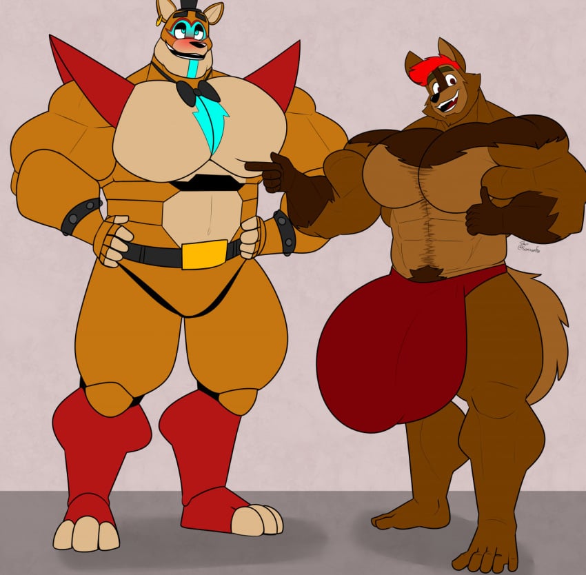 2022 2boys 2males animatronic anthro anthro_focus anthro_on_anthro anthro_only bear beard blush blush bodypaint bowtie bracelet bracelets bulge bulge_through_clothing canid canine canis chest chest_hair chest_tuft digital_drawing_(artwork) digital_media_(artwork) duo duo_focus facepaint five_nights_at_freddy&#039;s five_nights_at_freddy&#039;s:_security_breach fox gigantic_penis gigantic_testicles glamrock_freddy_(fnaf) happy_trail headgear headwear hyper hyper_balls hyper_genitalia hyper_penis male male/male male_anthro male_focus male_only mammal mammal_humanoid moobs partially_clothed partially_clothed_male pecs pectorals robot scottgames shoulder_pads size_difference smile smiling somniumfox somniumfox_(character) steel_wool_studios top_hat underwear ursid ursid_humanoid