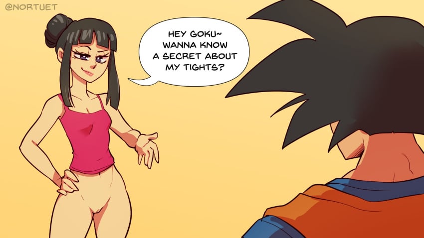 1boy artist_name bare_arms bare_shoulders black_hair bottomless breasts brown_hair chichi collarbone dragon_ball dragon_ball_z english_text female hair_bun highres husband_and_wife navel nortuet pink_shirt pussy shirt simple_background single_hair_bun small_breasts son_goku speech_bubble spiked_hair tank_top