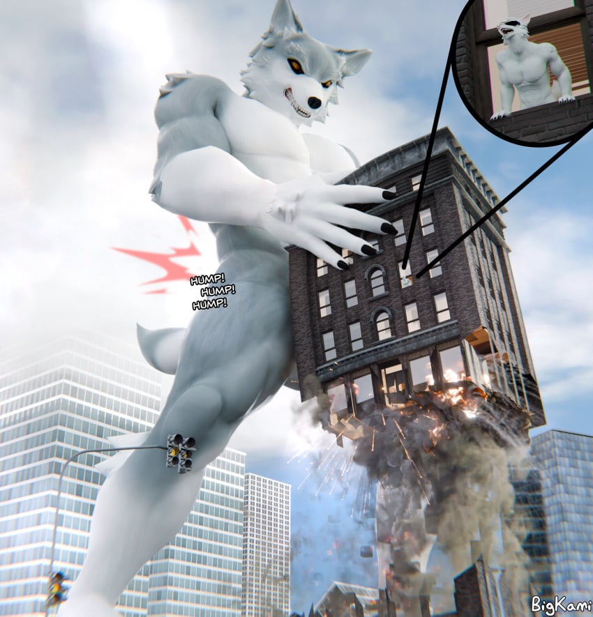 2024 anthro anthro_only bigkami blender_(artwork) building building_destruction building_penetrated building_sex canid canine canis city crush destruction digital_media_(artwork) dominant dominant_male duo evil_grin grin hi_res macro male male/male male_pred mammal micro micro_prey penetration rampage size_difference smile wolf