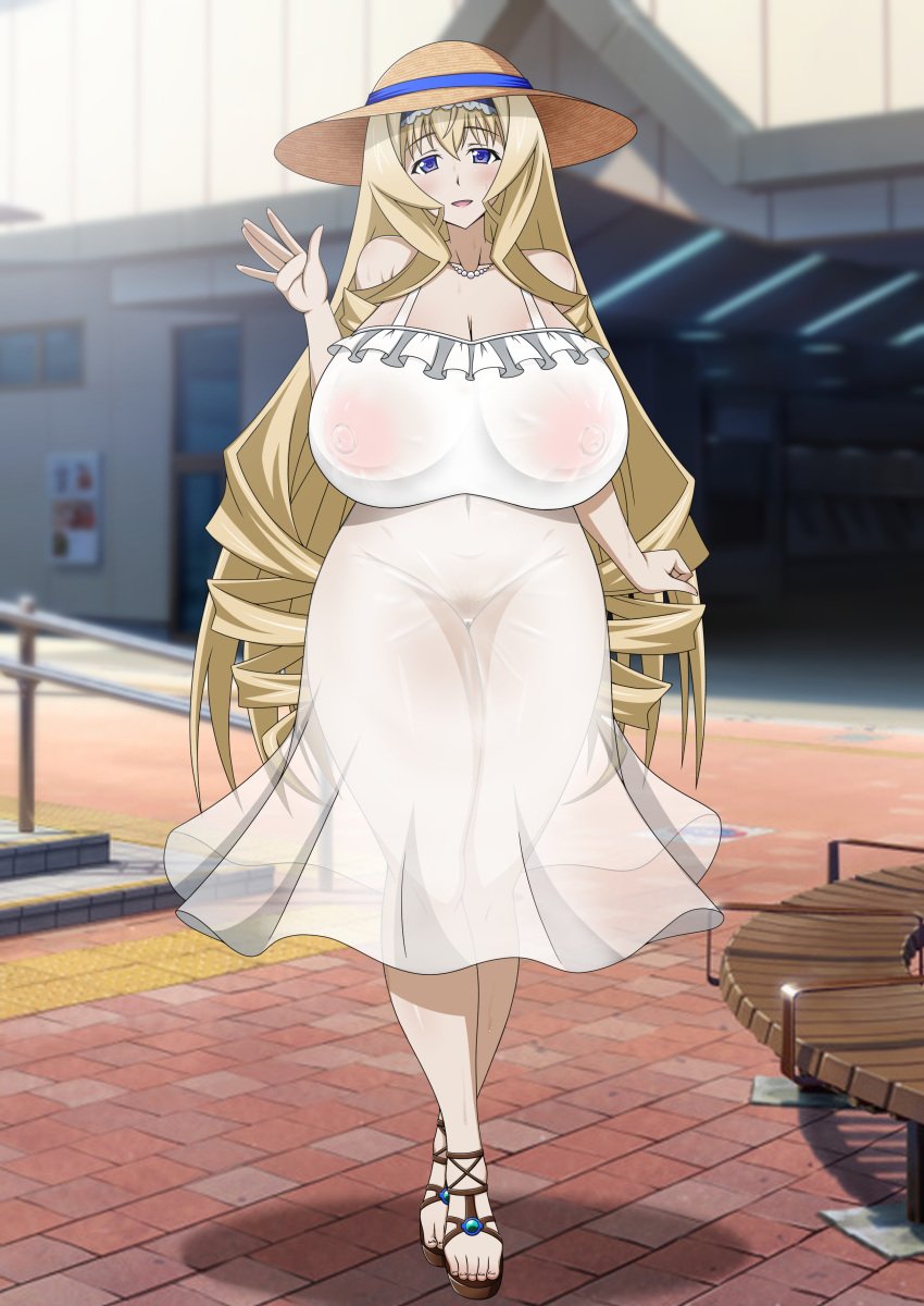 1girls big_breasts blonde_hair blush breasts busty cecilia_alcott curvy dress drill_hair feet female female_only hat high_heels highres huge_breasts infinite_stratos legs long_hair looking_at_viewer navel nipples open_mouth pubic_hair pussy see-through_clothes solo space_gorilla thick_thighs thighs voluptuous walking wavy_hair