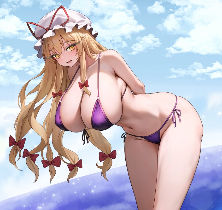 absurdres arms_behind_back bare_arms bare_legs bare_shoulders bikini blonde_hair bow breasts cleavage collarbone cowboy_shot female groin hairbow hat hat_ribbon highres huge_filesize incredibly_absurdres large_breasts long_hair looking_at_viewer mature_female milf mob_cap navel open_mouth purple_bikini purple_eyes red_bow red_ribbon ribbon smile solo sugar_you swimsuit touhou white_hat yakumo_yukari yukari_yakumo