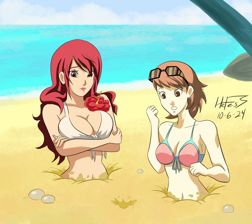 2girls atlus breasts female female_only hefess mitsuru_kirijo persona persona_3 quicksand swimsuit yukari_takeba