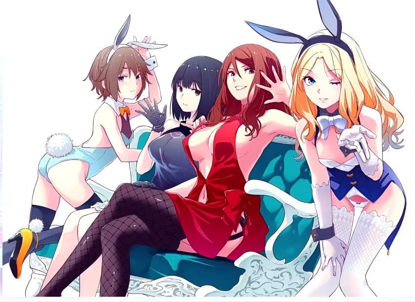 ass back bare_arms bare_back bare_legs bare_shoulders bare_thighs belly_button big_breasts black_dress black_eyes black_gloves black_hair black_thighhighs blonde_hair blowing_kiss blue_bunnysuit blue_eyes body_blush breasts brown_eyes brown_hair bunny_costume bunny_ears bunny_tail bunnysuit cleavage dress fishnets frenda_seivelun garter_belt garter_straps gloves hand_on_thigh high_heels kinuhata_saiai lipstick long_hair mouth_closed mugino_shizuri official_art one_eye_closed open_mouth panties purple_eyes red_dress ribbon shiny_skin short_hair sideboob sitting small_breasts smile strelka_(hh_strelka) takitsubo_rikou thighhighs thighs to_aru_anbu_no_item to_aru_majutsu_no_index underboob waving white_background white_gloves white_panties white_thighhighs zettai_ryouiki