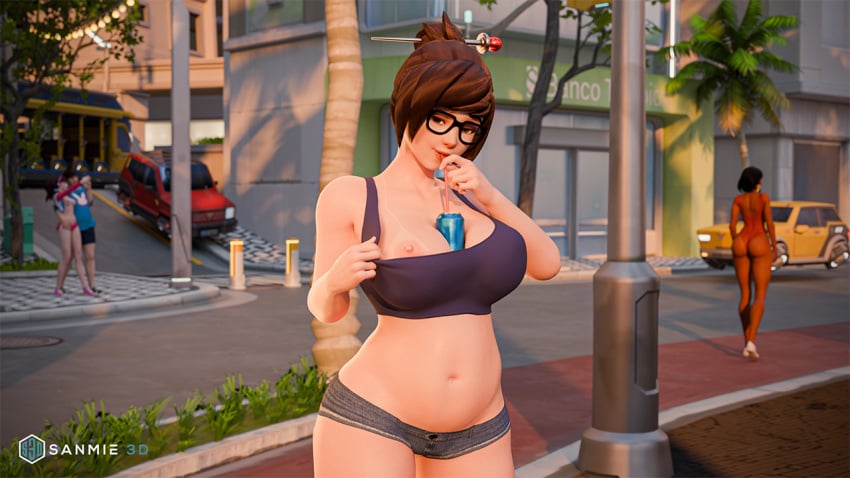 3d big_breasts d.va flashing flashing_breasts mei_(overwatch) overwatch overwatch_2 pharah public sanmie3d tagme