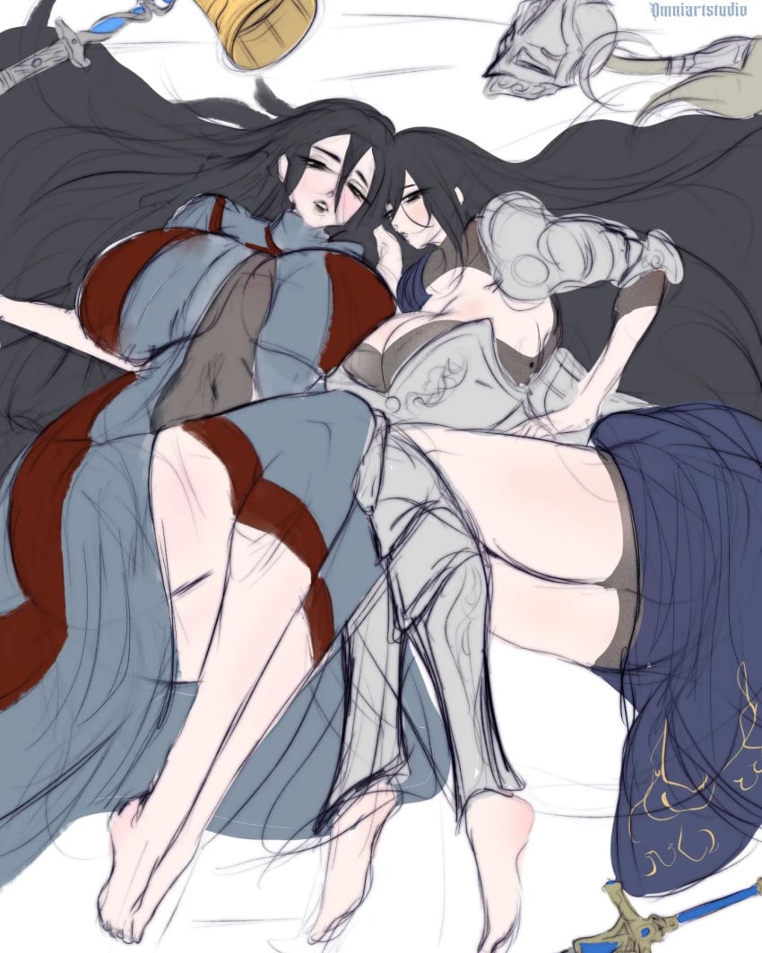 2girls big_ass big_breasts cleavage elden_ring female female_only fromsoftware huge_breasts older_sister_younger_sister omniartstudio rellana_twin_moon_knight rennala_queen_of_the_full_moon shadow_of_the_erdtree sisters thick_thighs twins