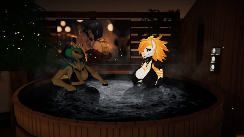 2girls big_breasts bikini black_and_white_fur blue_skin furry goofmann hot_tub orange_hair queenstarvr relaxing snake snake_girl snake_hood vrchat