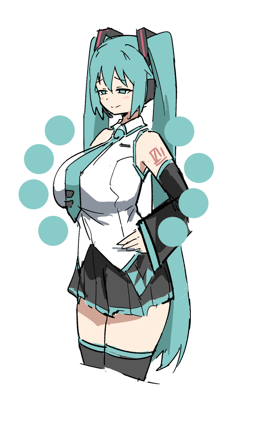 1girls alternate_breast_size big_breasts breasts busty confident female female_only green_eyes green_hair half-closed_eyes hand_on_hip hatsune_miku highres large_breasts legs long_hair necktie pose posing skirt smile solo thighhighs thighs twintails vocaloid