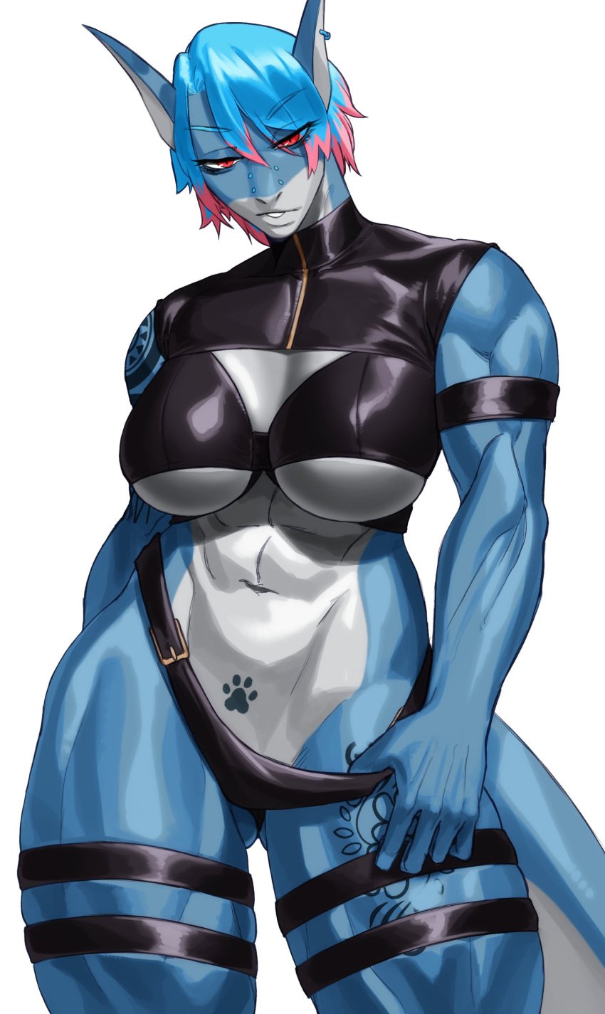 1girls anthro big_breasts blue_body blue_hair claire_everson commission female female_only hi_res legband looking_at_viewer marine muscular muscular_female muscular_thighs narrowed_eyes nose_piercing pink_highlights pointy_ears red_eyes shark solo sotcho tattoo tattoo_on_arm tattoo_on_leg thick_thighs very_high_resolution white_background