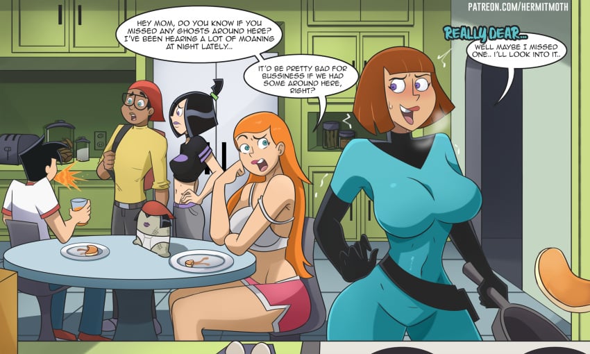 big_breasts breakfast comic cooking danny_fenton danny_phantom eating female food hermitmoth implied_incest jazz_fenton kitchen madeline_fenton male milf mother mother_and_daughter mother_and_son suit