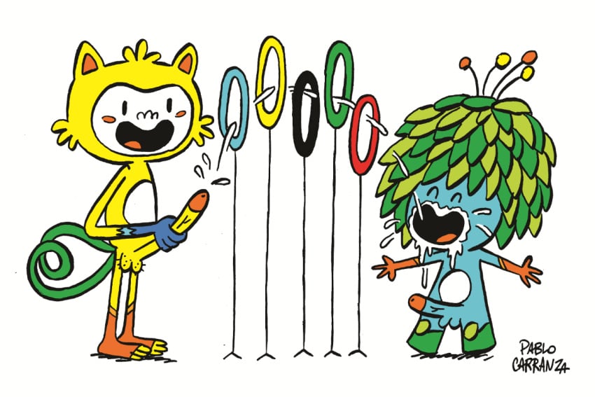 2016_rio_olympics 2boys :d absurd_res anthro balls blue_skin blush brazil cum cum_in_mouth cumshot erect_penis erection green_hair hairy_balls hi_res highres mascots olympics open_mouth pablo_carranza penis rings simple_background smile smiley_face tagme tom_(mascot) vinicius_(mascot) white_background yellow_skin