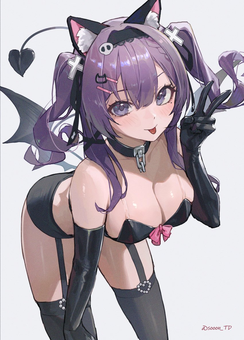 ass_visible_through_thighs bare_shoulders bent_over big_breasts black_gloves black_thighhighs blush breasts cat_ears chain choker cleavage collarbone elbow_gloves garter_belt garter_straps gloves hair_ornament hairband hairclip hand_on_own_knee latex_gloves leaning micro_shorts midriff mole mole_under_eye original peace_sign purple_eyes purple_hair revealing_clothes ribbon see-through shirt shorts sleeveless sooon spaghetti_strap standing succubus_costume succubus_tail succubus_wings thighhighs tongue tongue_out twintails