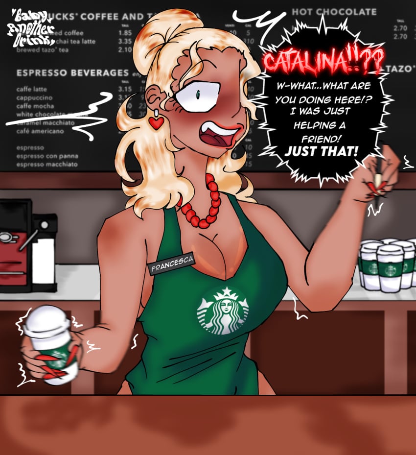 apron apron_only babyanotherdrink barista big_breasts big_nails blonde_hair dark-skinned_female dark_skin earrings employee employee_uniform female female_only francesca_mccoy_(babyanotherdrink) green_eyes lipstick milf nails nails_painted naked_apron necklace now_b4d oc original shocked shocked_expression starbucks starbucks_barista surprised surprised_expression