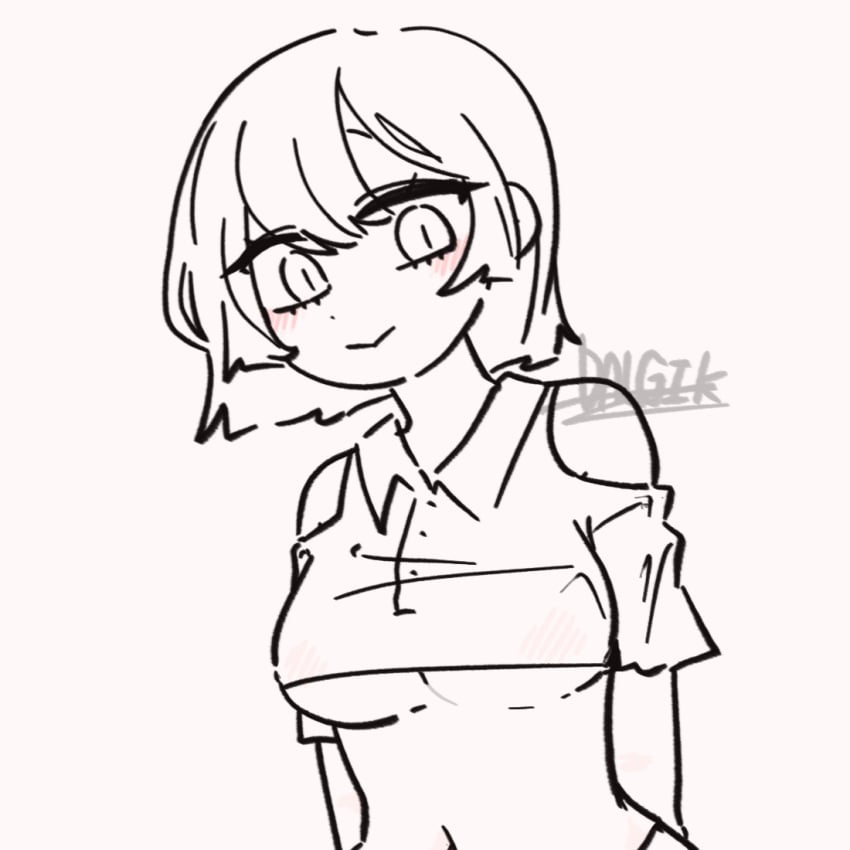 1girls artist_name artist_signature blush dalgik female_only fully_clothed line_art looking_at_viewer original original_character short_hair smile underboob