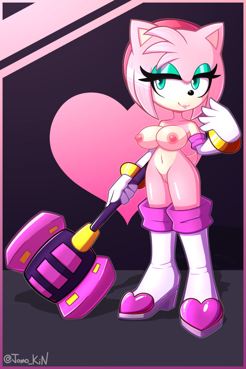 amy_rose amy_the_bat belly_button big_breasts boots bracelets breasts busty diadem exposed_breasts exposed_pussy eyeshadow gloves green_eyes half-closed_eyes heart_background hedgehog hedgehog_humanoid hourglass_figure jomokin large_breasts lipstick naked_female piko_piko_hammer pussy ring_bracelets rouge_the_bat_(cosplay) sega sonic_(series) sonic_the_hedgehog_(series) thick_thighs thin_waist