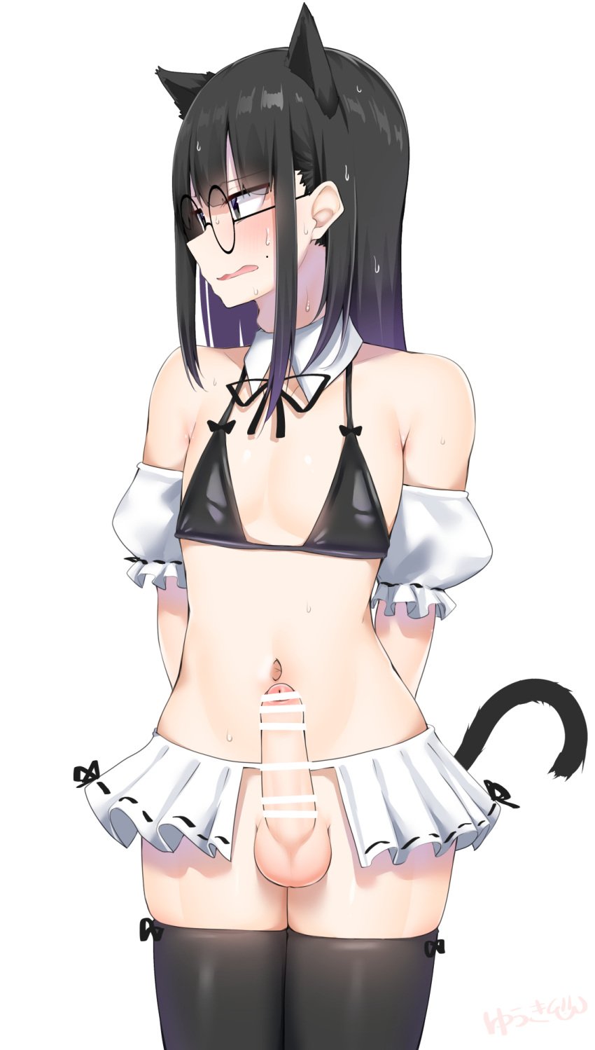 1boy animal_ears bar_censor black_hair black_thighhighs blush cat_boy cat_ears cat_tail censored cowboy_shot crossdressing detached_collar detached_sleeves erection frills green_eyes highres kitajima_yuuki long_hair mole mole_above_mouth navel open_mouth original otoko_no_ko penis puffy_detached_sleeves puffy_sleeves round_eyewear sidelocks simple_background solo sweat tail testicles thighhighs white_background