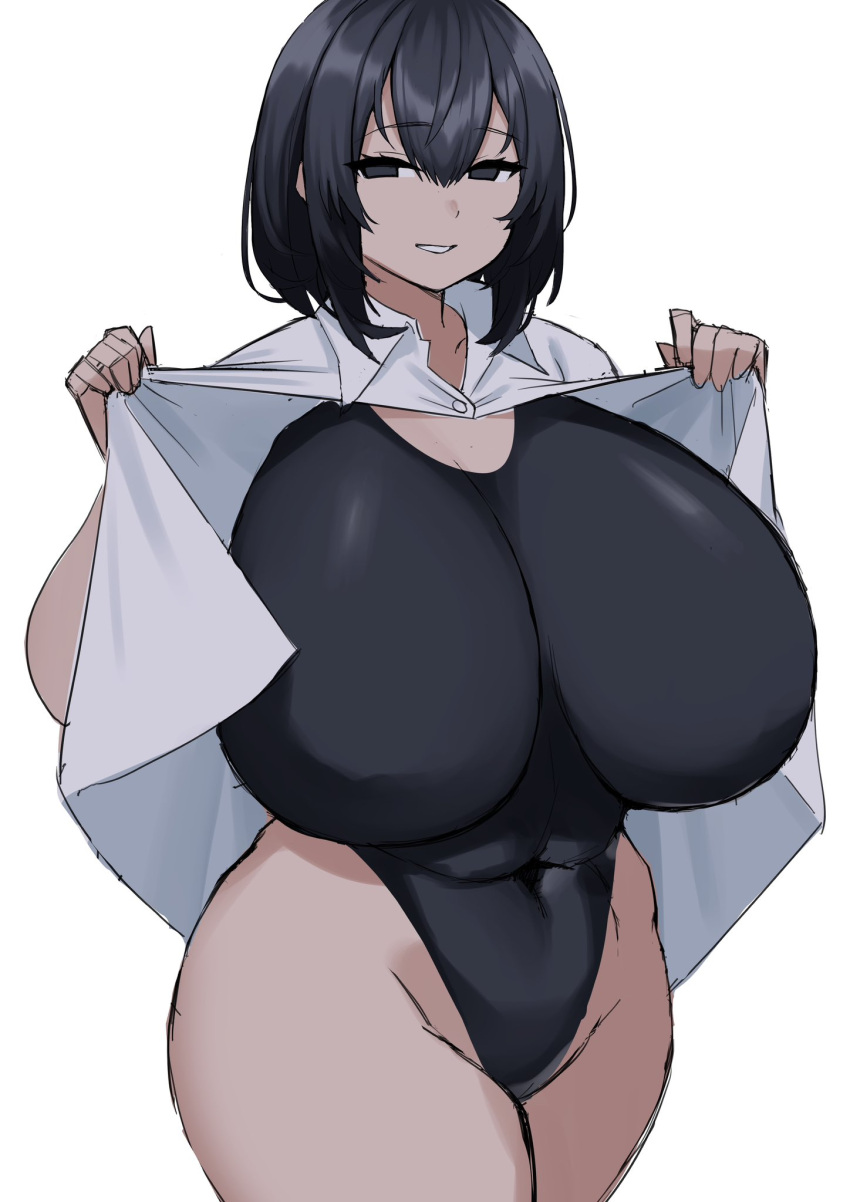 1girls 2024 2d 2d_(artwork) big_breasts black_eyes breasts breasts_bigger_than_head clothed clothed_female female female_focus female_only huge_breasts imuzi light-skinned_female light_skin looking_at_viewer one-piece_swimsuit opening_shirt short_hair smile smiling smiling_at_viewer solo solo_female solo_focus swimsuit thick_thighs thighs top_heavy top_heavy_breasts