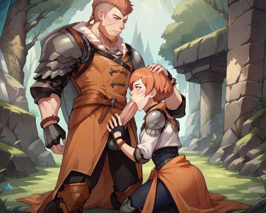 1boy 1girls ai_generated armor bare_tree beard blowjob breastplate brown_hair bush cliff day facial_hair fellatio female fingerless_gloves fire_emblem fire_emblem:_three_houses forest gloves grass hand_on_another's_head jeralt_reus_eisner leonie_pinelli manly mountain nature nintendo oral orange_hair outdoors pants penis plant rock short_hair sitting stone_wall straight testicles tree tree_stump uncensored vambraces wall