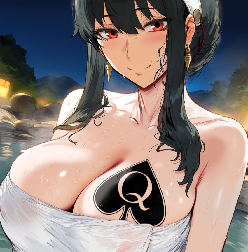 ai_generated bbc bbc_slave big_breasts big_breasts black_hair blacked_tattoo color colored earrings himeno large_breasts netorare ntr red_eyes sensual sexy_body smile smiley_face spy_x_family tattoo thick_breasts wet_body yor_briar yor_forger