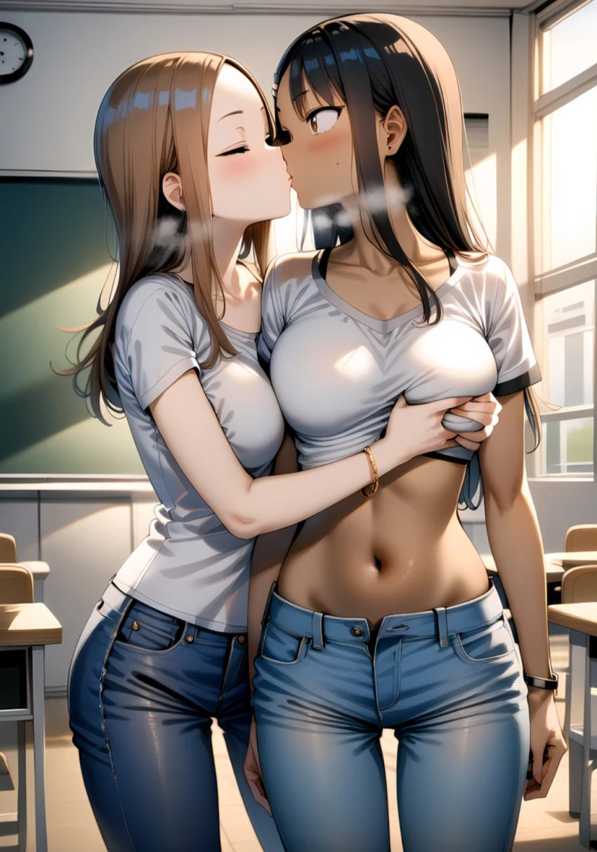 2girls aged_up ai_generated black_hair brown_eyes brown_hair closed_eyes crossover female female_only fully_clothed groping groping_breasts hayase_nagatoro human karakai_jouzu_no_takagi-san kissing large_breasts midriff multiple_girls pale_skin please_don&#039;t_bully_me,_nagatoro takagi-san tan_body unbuttoned_pants yuri