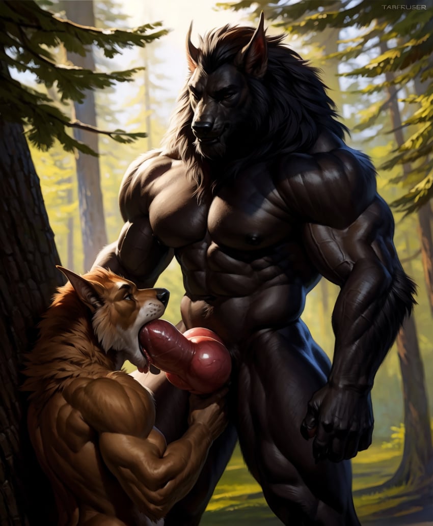 ai_generated anthro_on_anthro black_body black_fur blowjob canine cum cumming duo forest fox gay grabbing_knot knot knot_grab looking_up_at_partner male_on_male muscular_male on_knees oral realistic solo tree werewolf wolf