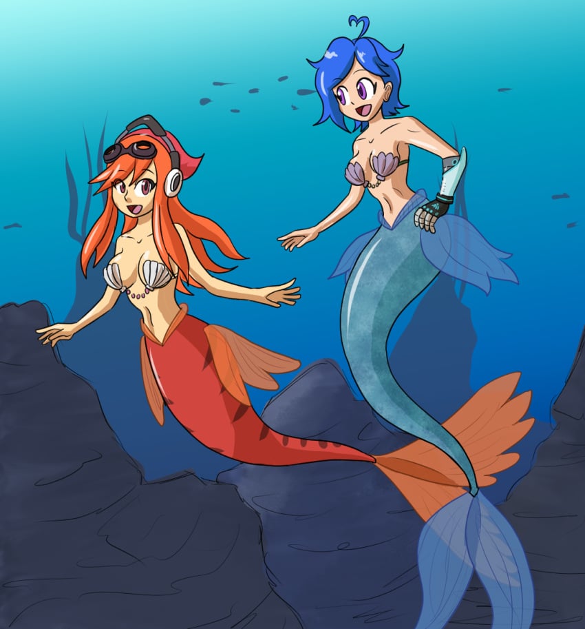 2024 2girls beanie beanie_hat blue_fin blue_hair blue_hair_female blue_tail bra_only breasts female female_only glitch_productions goggles goggles_on_head headphones headphones_on_head meggy_(smg4) meggy_spletzer mermaid mermaid_tail metal_arm mythkaz orange_fin orange_hair orange_hair_female prosthetic_arm red_tail robotic_arm seashell_bra smg4 tari_(smg4) underwater