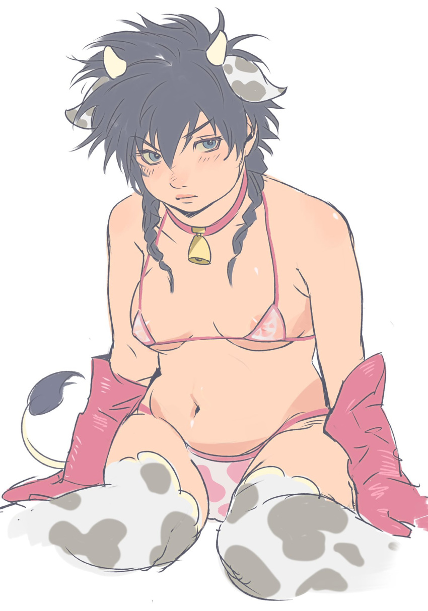 adapted_costume areola_slip bikini black_hair blue_eyes braided_hair braids canon_genderswap collar cow_bikini cow_ears cow_girl cow_horns cow_print cow_print_bikini cow_print_thighhighs cow_tail cowbell female female_only genderswap_(mtf) gintama gloves hijikata_tenko hijikata_toshiro looking_at_viewer micro_bikini nipples_visible_through_clothing overweight overweight_female plump rule_63 sapomu4 see-through_clothing sitting slightly_chubby small_breasts solo thighhighs twin_braids wariza