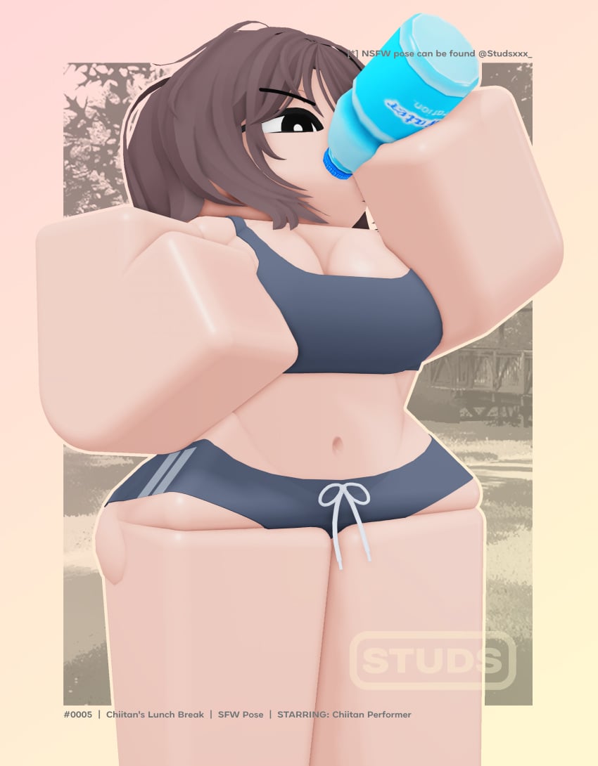 1girls 3d artist_name big_ass big_breasts big_thighs brown_hair chiitan darby_lockhart eyeshadow female hd original_character posing posing_for_the_viewer poster roblox robloxian smile sports_bra sportswear studsxxx sweat twitter_username watermark