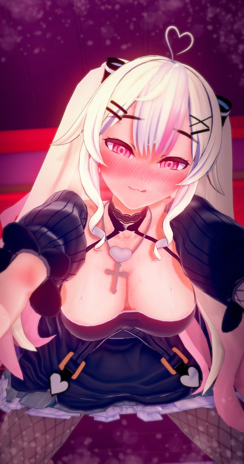 1girls 3d :3 ahoge areola_slip areolae arms_up big_breasts black_clothing blonde_hair blush breasts cleavage cross_necklace deluxe_rosie dress female female_only fishnet_legwear fishnet_pantyhose fishnets fully_clothed gothic gothic_lolita heart_ahoge indie_virtual_youtuber indoors licking_lips light-skinned_female light_skin long_hair looking_at_viewer multicolored_hair naughty_face no_bra pink_eyes pov pov_eye_contact sitting solo solo_female suko_(vtuber) tongue tongue_out twintails virtual_youtuber