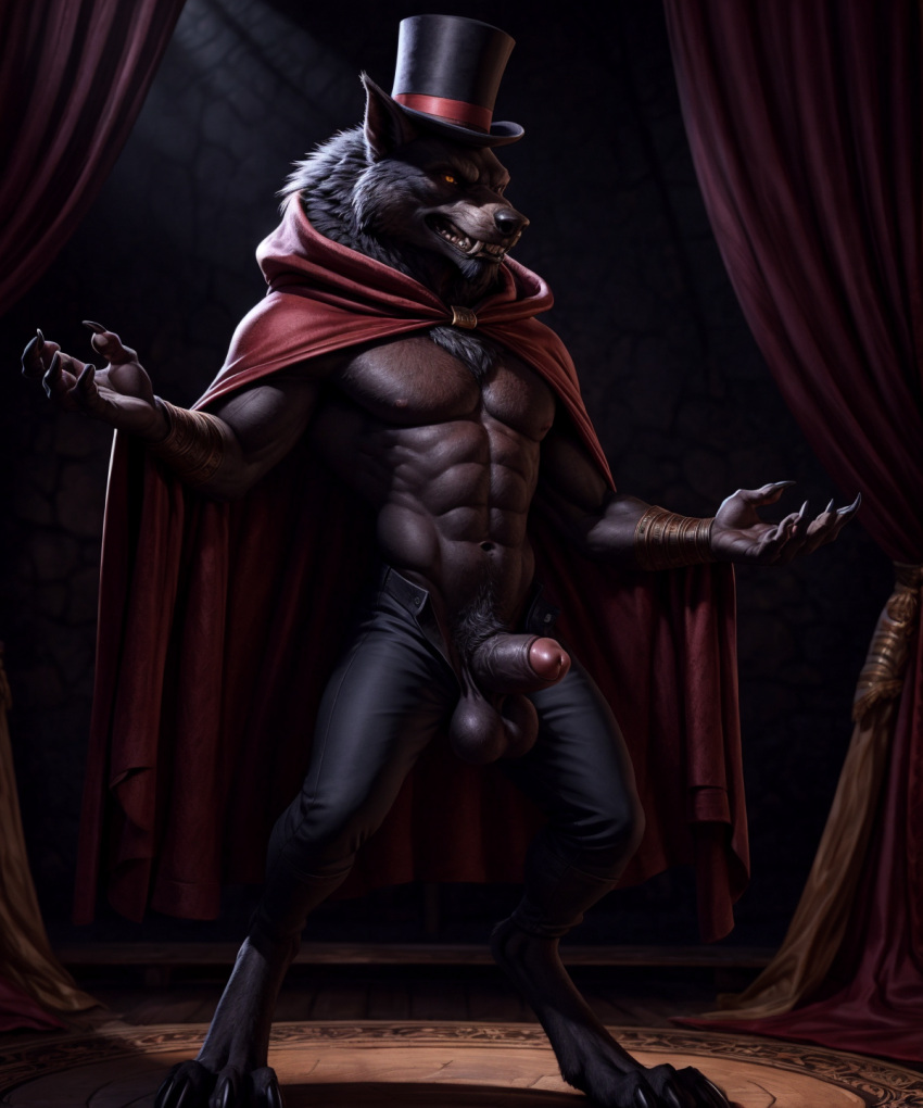 ai_generated anthro canine cloak knot magician magician_hat male muscular_male pants realistic semi-erect solo stage top_hat werewolf wolf