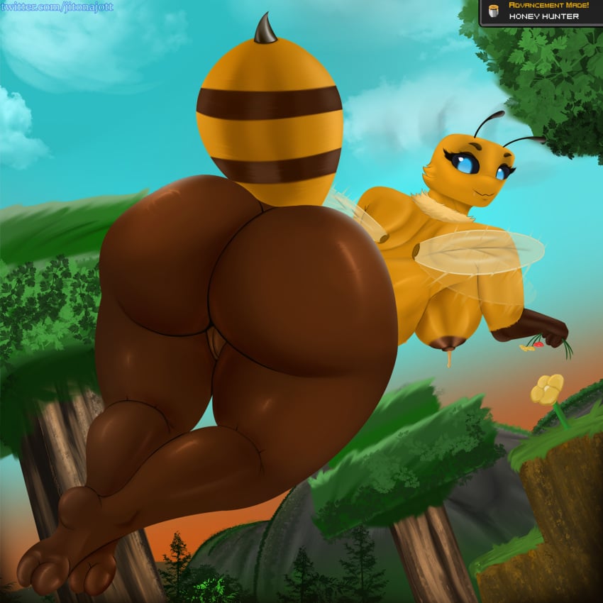 anthro arthropod bee bee_(minecraft) big_breasts blue_eyes breasts brown_body brown_nipples eyelashes feet female flower flying genitals hi_res hymenopteran insects jitonajott looking_at_viewer microsoft minecraft mojang nipples nude plant pussy smile solo thick_thighs tree wings xbox_game_studios yellow_body