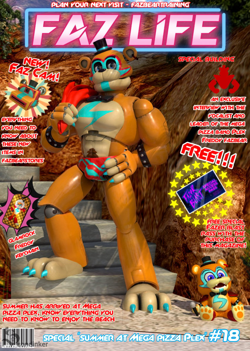 1boy advertisement animatronic anthro artist_logo artist_signature beach beach_towel bear biceps blue_eyes blue_nails bowtie brown_hair bulge bulge_rubbing english english_text facial_markings five_nights_at_freddy&#039;s five_nights_at_freddy&#039;s:_security_breach fnaf glamrock_freddy_(fnaf) hands_on_hips looking_at_viewer machine magazine magazine_cover male male_focus male_only non_human plush plushie posing posing_for_picture posing_for_the_viewer pubic_hair robot robot_humanoid robot_joints scottgames solo solo_focus solo_male sondinker_fazbear&#039;s speedo spiked_bracelet steel_wool_studios summer tan_body top_hat towel_on_shoulder two_tone_body ursid ursid_humanoid ursine