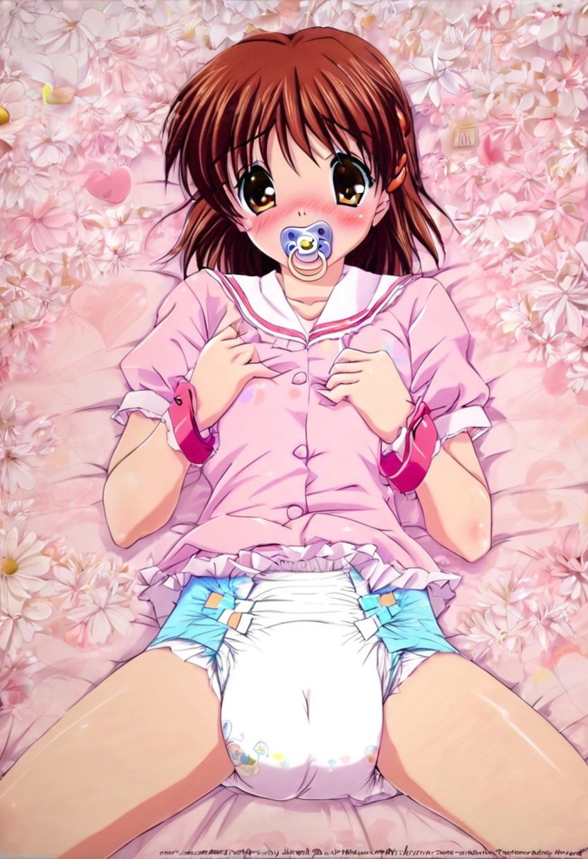 abdl ai_generated bed blush blush brown_eyes brown_hair civitai clannad clean_diaper clothed clothed_female clothing diaper diaper_fetish dress embarrassed embarrassed_female female flower furukawa_nagisa hair_accessory hairclip hands_on_chest lying lying_on_back lying_on_bed no_pants on_back pacifier pacifier_in_mouth pink_background pink_dress pony_diffusion_xl print_diaper schoolgirl short_hair solo solo_female spread_legs teary_eyes teenage_girl teenager thin thin_female white_diaper wristwear