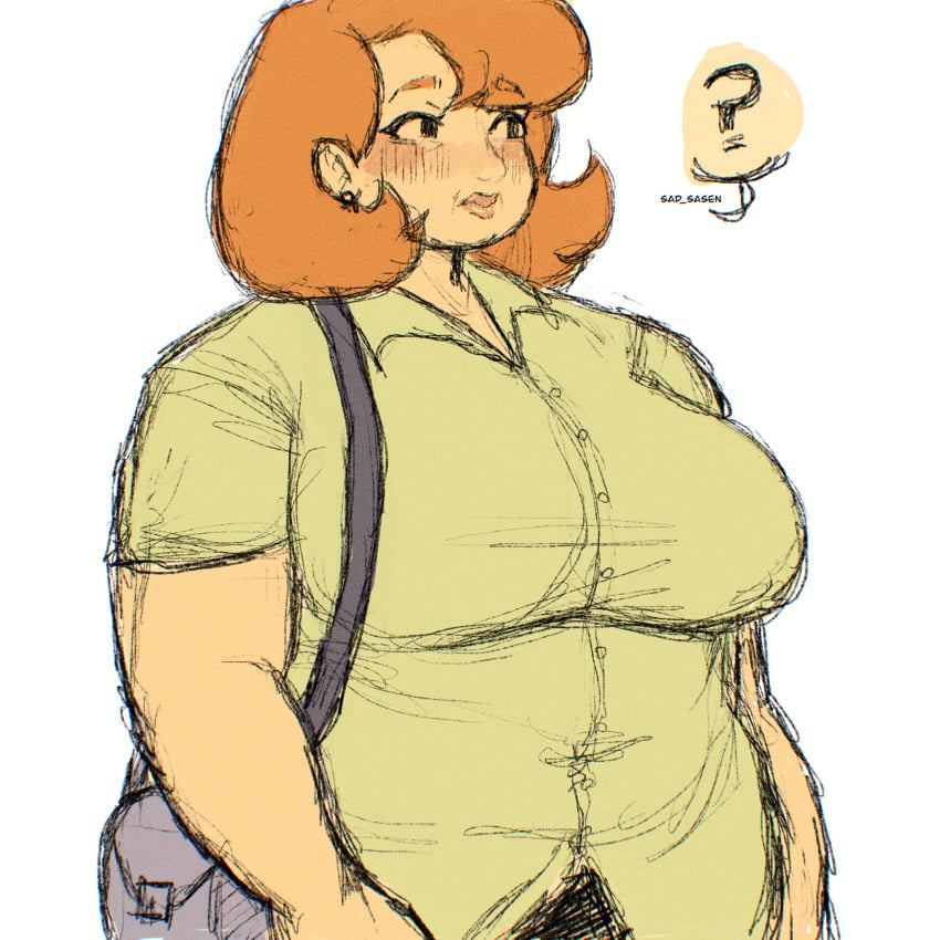 breasts buttoned_shirt chubby chubby_female concerned confused fat giant_breasts ginger ginger_hair green_shirt handbag high_resolution highres huge_breasts janice_(the_new_norm) middle_aged middle_aged_female milf old sad_sasen the_new_norm_(web_cartoon) wife