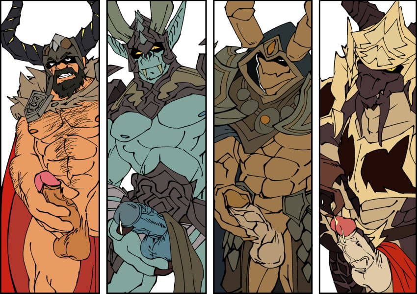 abs anthro balls bara beard biceps big_balls big_penis blizzard_entertainment cum drakonid erection gargoyle gay general_draven god-king_skovald helmet humanoid_genitalia humanoid_penis iridikron looking_at_viewer male male/male male_nipples male_only masturbation multiple_boys muscular_anthro muscular_male nipples nude patchcaacaa pecs penis skovald stoneborn vrykul warcraft world_of_warcraft