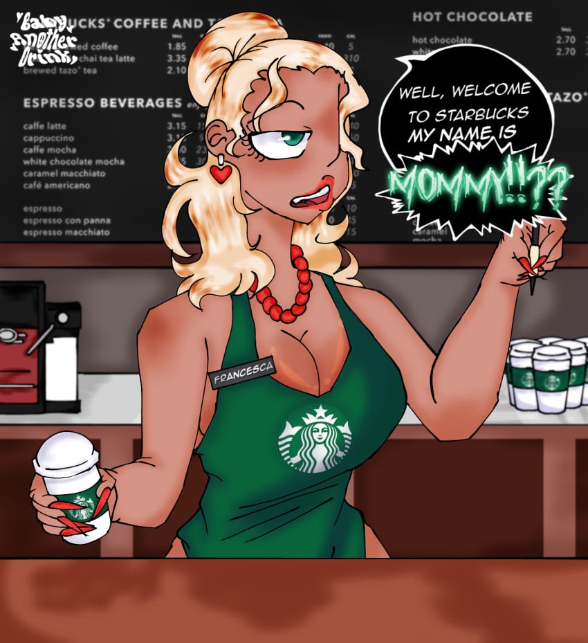 apron apron_only babyanotherdrink barista big_breasts big_nails blonde_hair dark-skinned_female dark_skin earrings employee employee_uniform female female_only francesca_mccoy_(babyanotherdrink) green_eyes lipstick milf nails nails_painted naked_apron necklace now_b4d oc original starbucks starbucks_barista