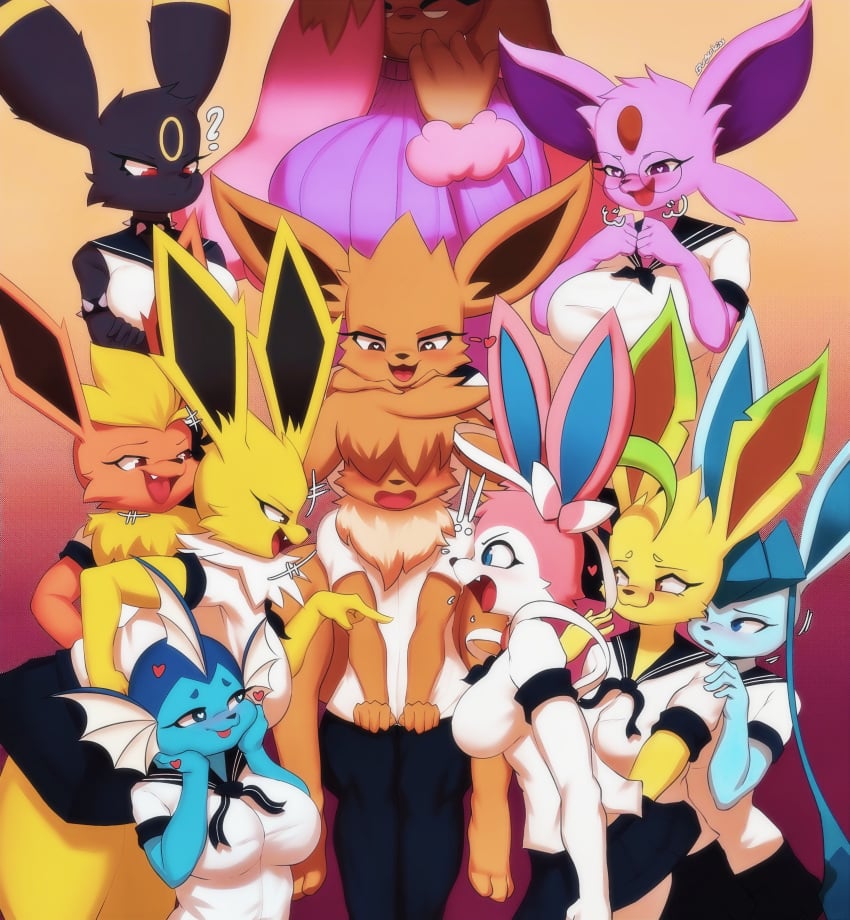 ! !! 10girls 1boy 6+girls ? all_nine_eeveelutions anthro blush breasts bunny bunny_girl burgerkiss eevee eeveelution espeon fangs female flareon game_freak glaceon heart heart-shaped_pupils hentai_protaginist_hair jolteon leafeon lopunny male open_mouth pokemon pokemon_(species) pokemon_dppt pokemon_gsc pokemon_on_pokemon pokemon_rgby pokemon_xy sylveon thunders tongue umbreon vaporeon