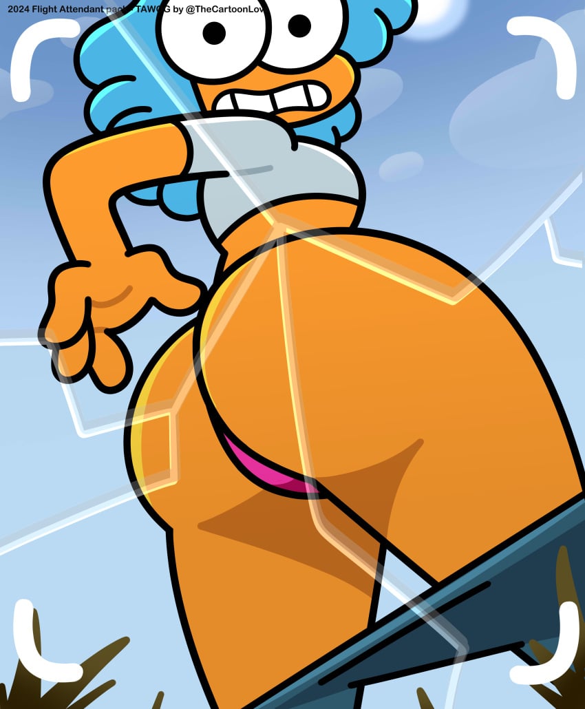 accurate_art_style ass ass_focus back_view big_ass big_butt broken_glass camera camera_view cartoon_network clothed flight_attendant_(the_amazing_world_of_gumball) gasp leggings looking_at_viewer panties pants_down phone_camera selfie showing_ass string_panties the_amazing_world_of_gumball the_cartoon_love