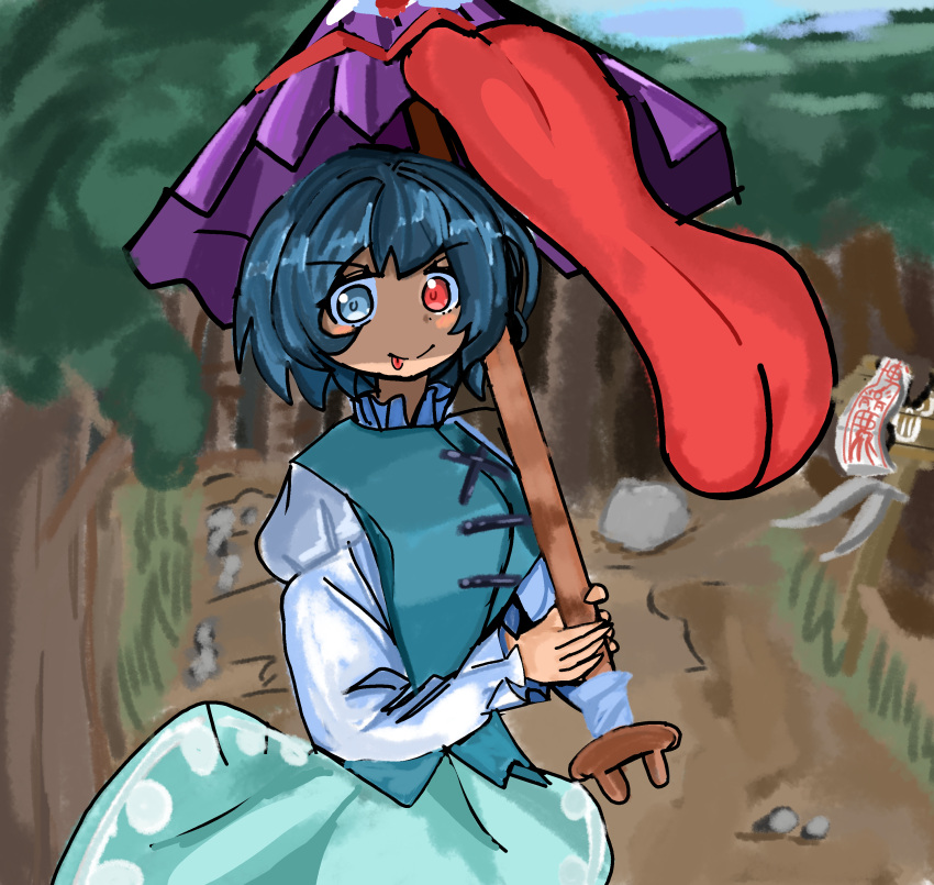 :p absurdres artist_request blue_eyes female heterochromia highres holding holding_umbrella karakasa_obake kogasa_tatara red_eyes short_hair smile solo source_request tagme tatara_kogasa tongue tongue_out touhou umbrella v-shaped_eyebrows