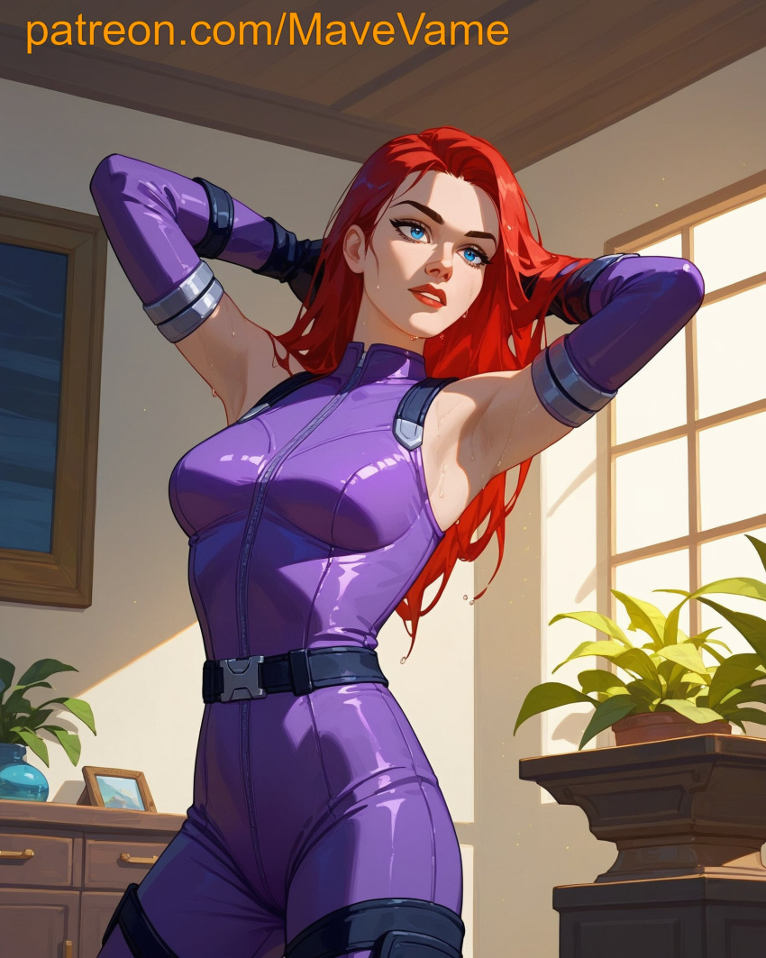 ai_generated armpist blue_eyes marvel marvel_comics mary_jane_watson red_hair spider-man_(series) sweat tight_suit