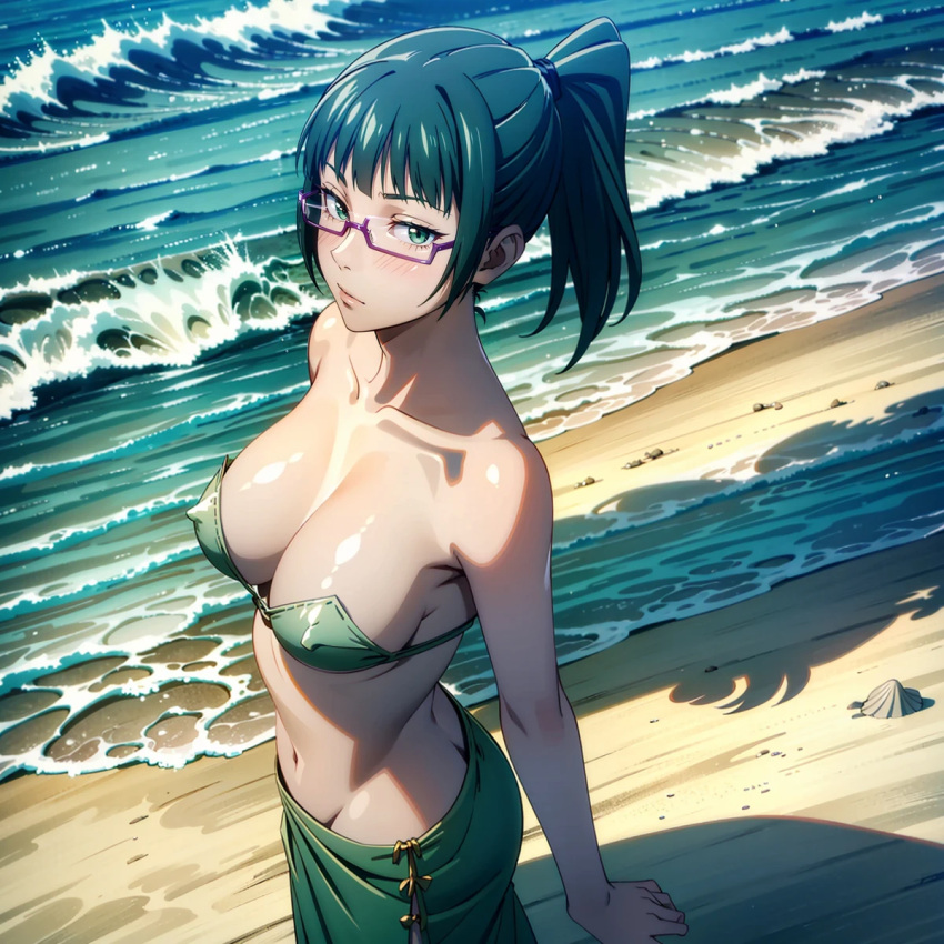 1girls ai_generated anime_waifu_arts beach big_breasts collarbone glasses green_bra green_eyes green_hair jujutsu_kaisen large_breasts light-skinned_female light_skin looking_at_viewer mature_female navel nipples_visible_through_clothing standing zenin_maki