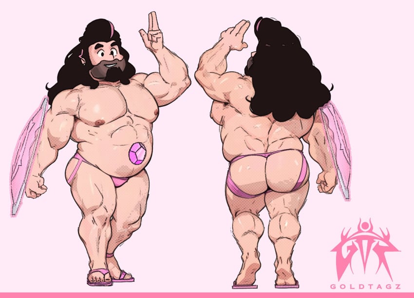 aged_up artist_logo bara big_biceps cartoon_network facial_hair full_body goldtagzbara illustration jockstrap_only long_hair male male_only male_solo muscle_gut muscular_male pink_jockstrap pink_sandals sandals shield solo_male steven_quartz_universe steven_universe white_background