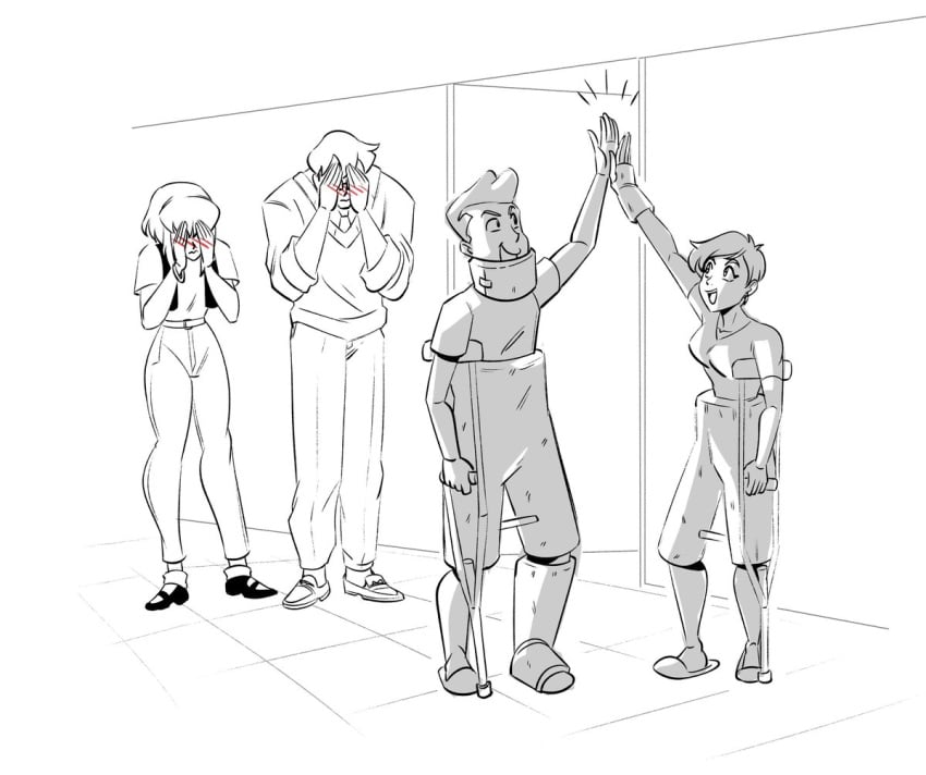 2boys 2girls adult_swim black_and_white blush body_cast broken_bone clark_kent_(my_adventures_with_superman) clothed clothed_female clothed_male covering_face crutches death_by_snoo_snoo funny funsexydragonball high_five jimmy_olsen_(my_adventures_with_superman) kara_danvers kara_zor-el leg_cast lois_lane_(my_adventures_with_superman) monochrome my_adventures_with_superman neck_brace supergirl supergirl_(my_adventures_with_superman) superman toonami worth_it