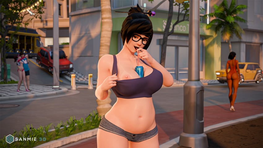 3d big_breasts d.va flashing flashing_breasts mei_(overwatch) overwatch overwatch_2 pharah public sanmie3d tagme