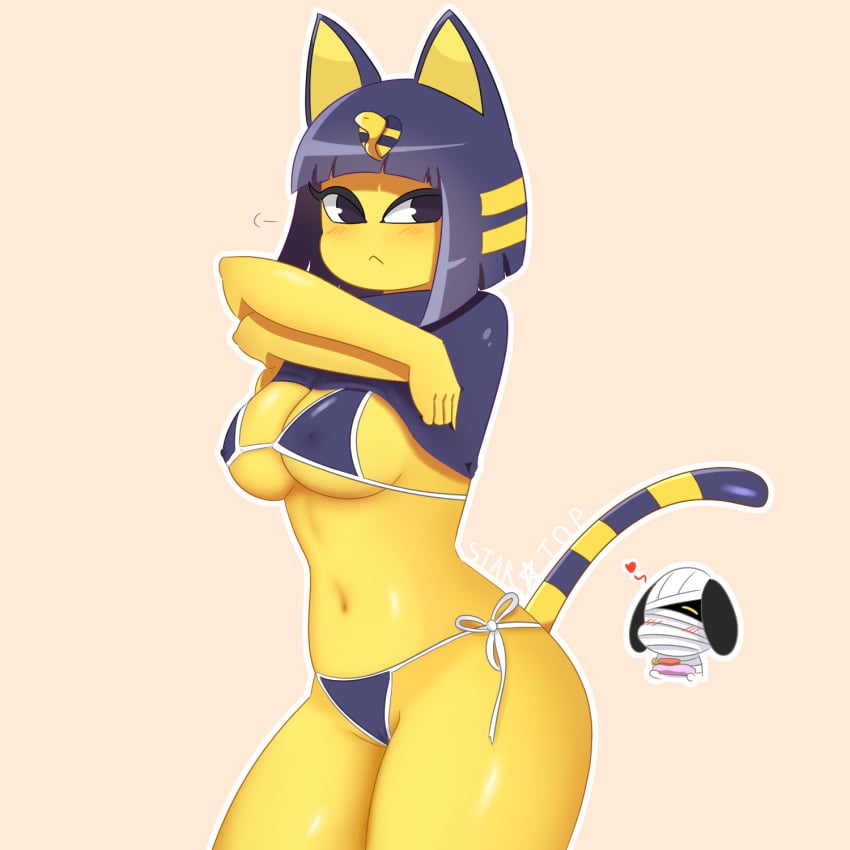 1boy 1girls alternate_body_type alternate_breast_size animal_crossing ankha anthro ass being_watched big_breasts blush breasts canine cat_ears cat_tail clothed deviantart female fur furry lucky_(animal_crossing) nintendo shirt startop swimsuit tail text thick_thighs undressing watermark wide_hips yellow_fur